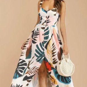 SHEIN Tropical Leaf Print Buttoned Maxi Dress